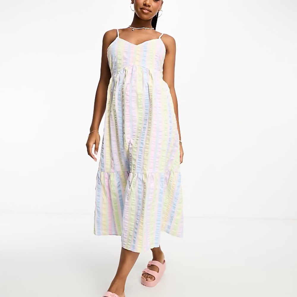 Pieces Pastel Stripe Seersucker 100% Cotton Tiered Midi Dress Size Medium